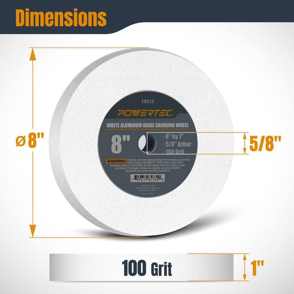 ‎POWERTEC 8 in. x 1 in. 100-Grit 5/8 in. Arbor White Aluminum Oxide Grinding Wheel for Bench Grinder (3)