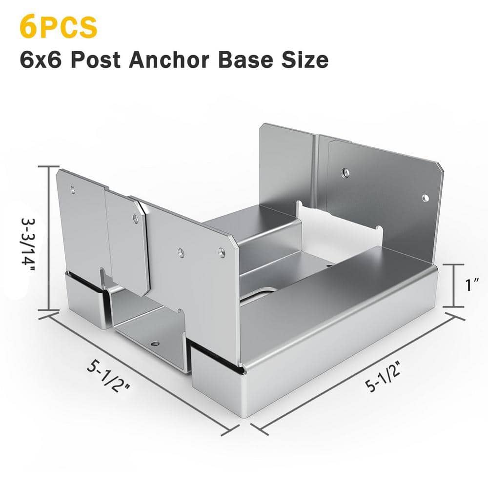 Angel Sar 6-Pieces 6 x 6 ‎Galvanized Steel Post Anchor Base, Adjustable Wood Post Brackets for Deck Patio/Gazebo/Pergola (2)