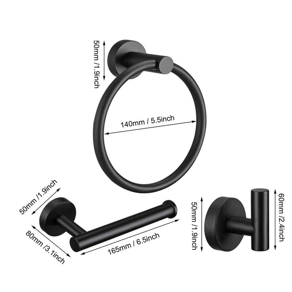 ACEHOOM 3-Piece Bath Hardware Set with Towel Ring Toilet Paper Holder and Towel Hook in Matte Black (2)