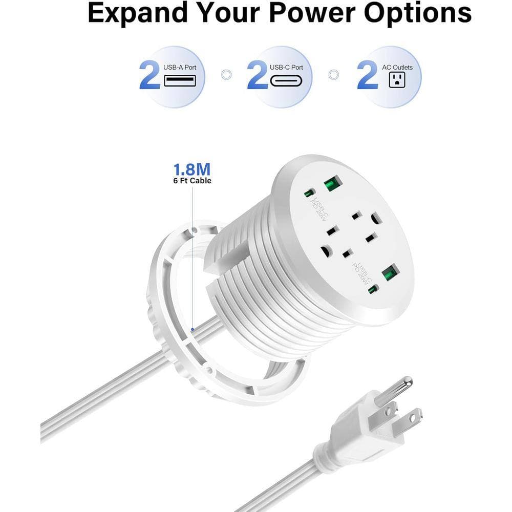 Lukyamzn 6 ft. 2-Outlet Surge Protector Flush Mount Recessed Outlet with 2 USB-A, 2 USB-C Ports in White (2)