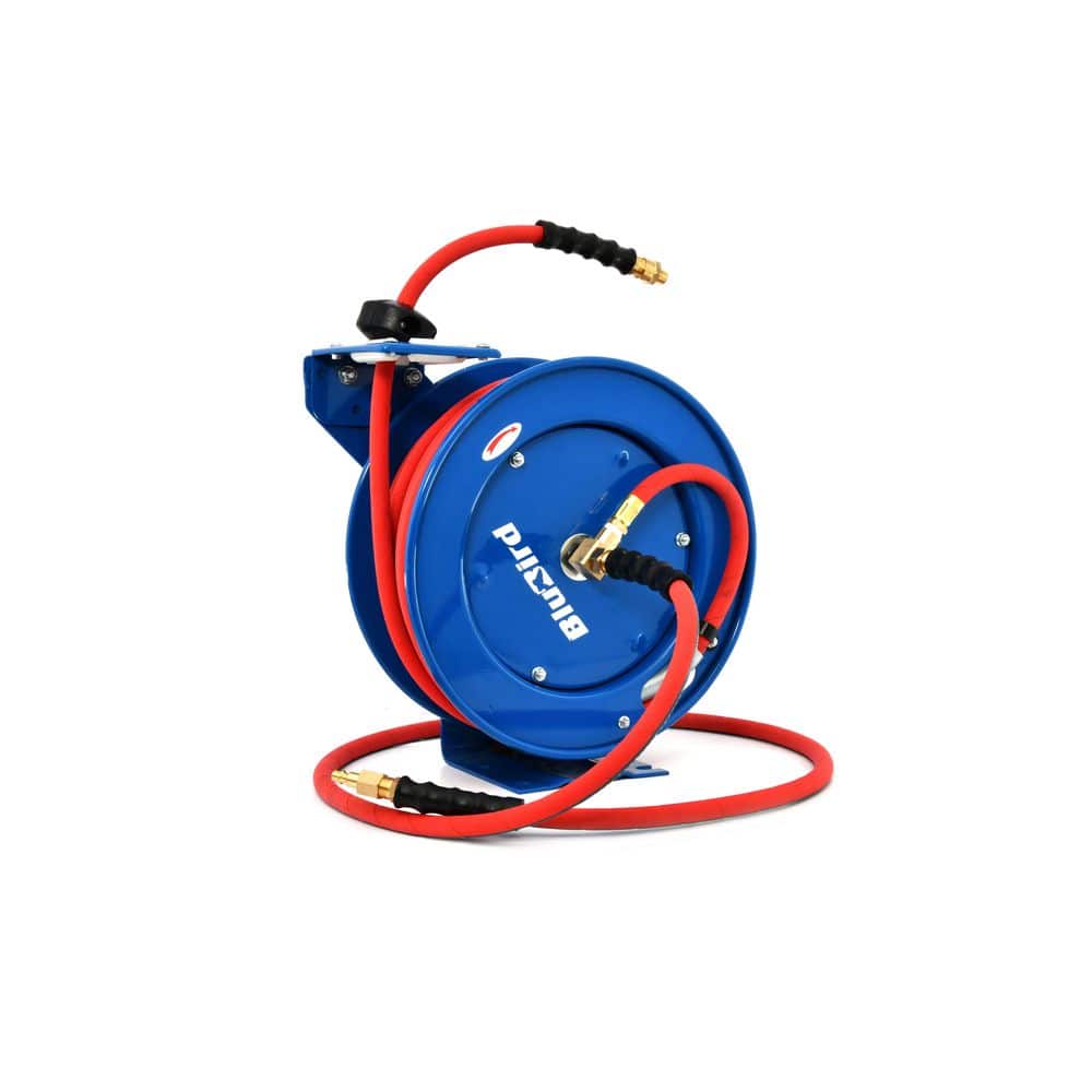 PATRIOTPRO 3/8 in x 50 ft Heavy Duty Rubber Air Hose and Single Arm Powder-Coated Steel Hose Reel