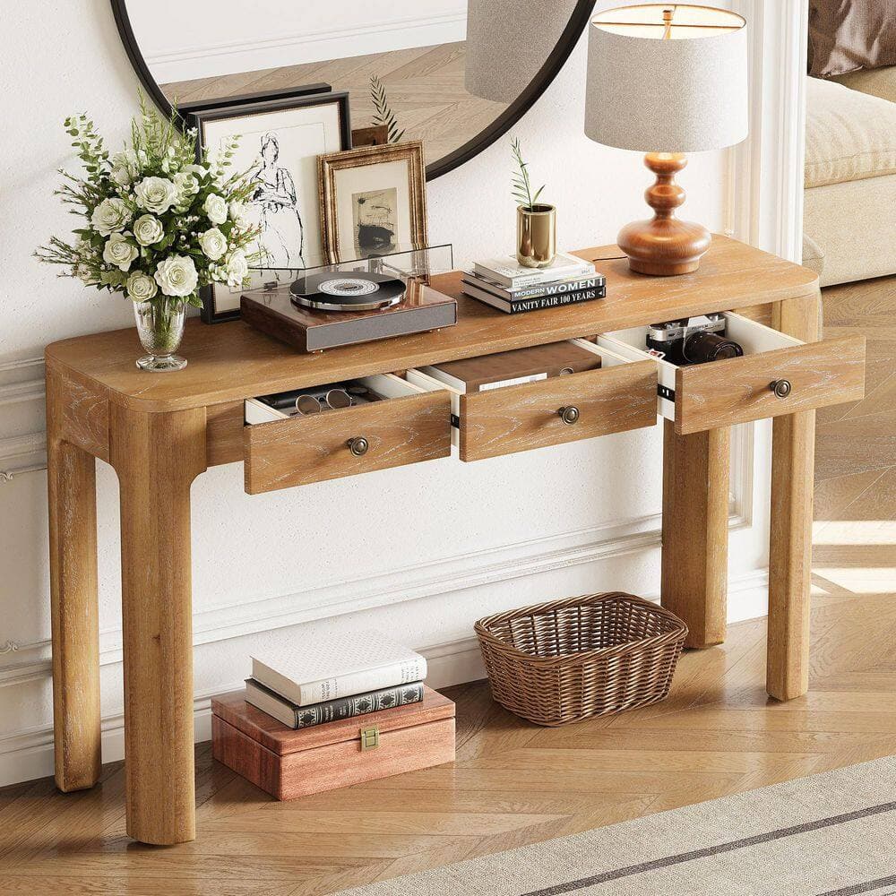 COWLOWN 52 in. W 15 in. D 30 in. H Brown Linen Cabinet Console Table with 3-Concealed Drawers (3)