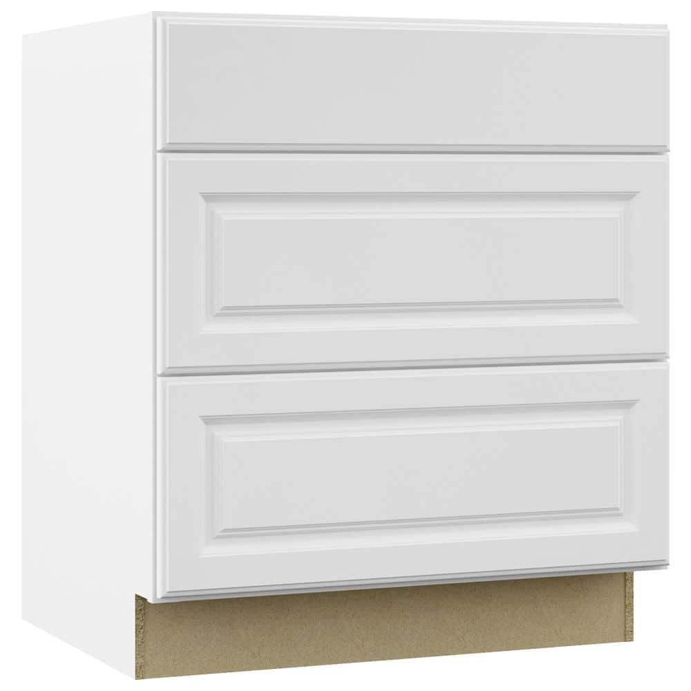 Hampton Bay Hampton 30 in. W x 24 in. D x 34.5 in. H Assembled 3 Drawer Base Kitchen Cabinet in Satin White