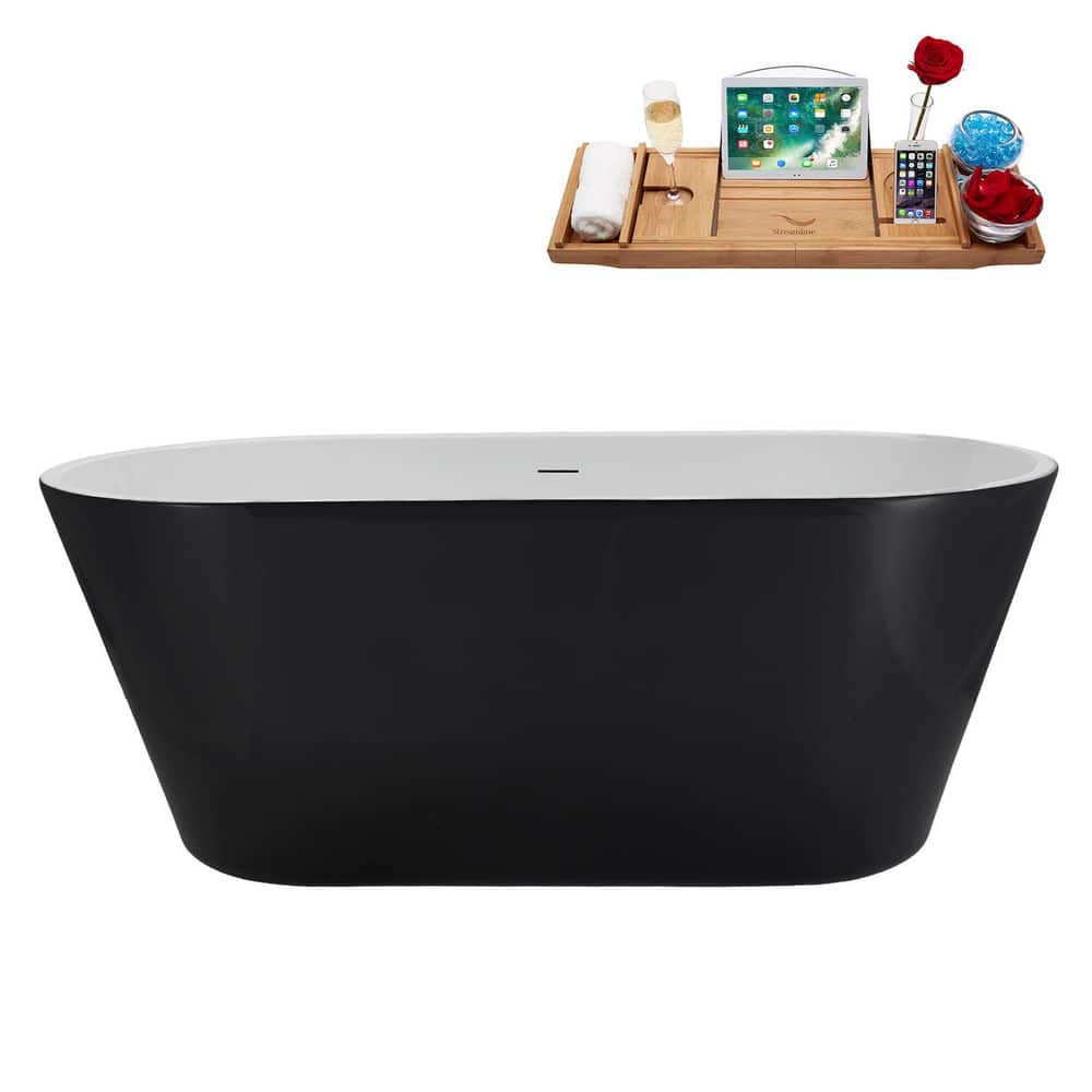 Streamline 59 in. x 30 in. Acrylic Freestanding Soaking Bathtub in Glossy Black with Matte Black Drain (1)