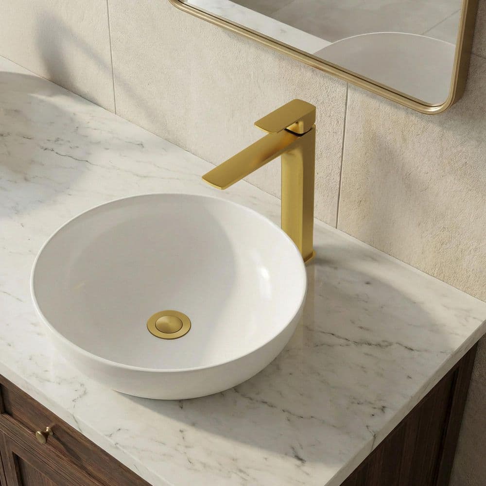 GRANDJOY 11.5 in. H 1-Handle Solid Brass Bathroom Single-Hole Vessel Sink Faucet with Drain in Brushed Gold (1)