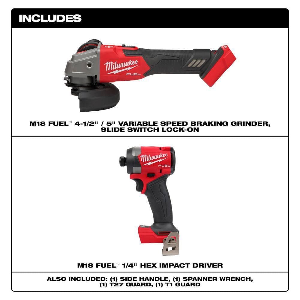 Milwaukee M18 FUEL 18V Lithium-Ion Brushless Cordless 4-1/2 in./5 in. Grinder with Variable Speed & Slide Switch w/ Impact Driver (2)