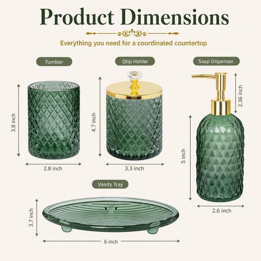 Numhew 4-Piece Bathroom Accessories Set in Green with Soap Dispenser Set, Toothbrush Holder, Qtip Holder, Soap Dish (2)