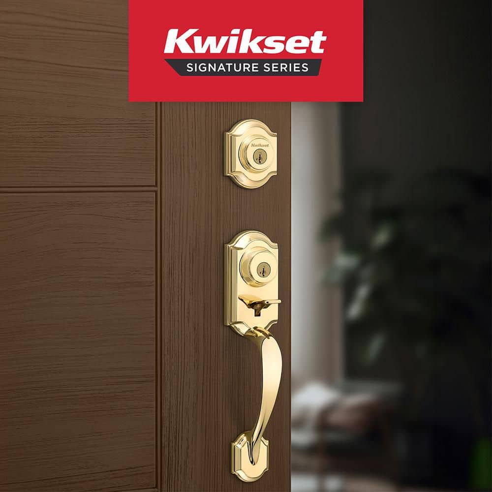 Kwikset Montara Polished Brass Single Cylinder Keyed Entry Door Handleset w/ Juno Interior Doorknob Featuring Smartkey Security (2)