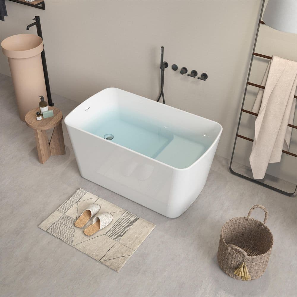 WELLFOR 49 in. x 28 in. Acrylic Freestanding Soaking Bathtub in Gloss White, Sit-In Design with Chrome Overflow and Drain (1)