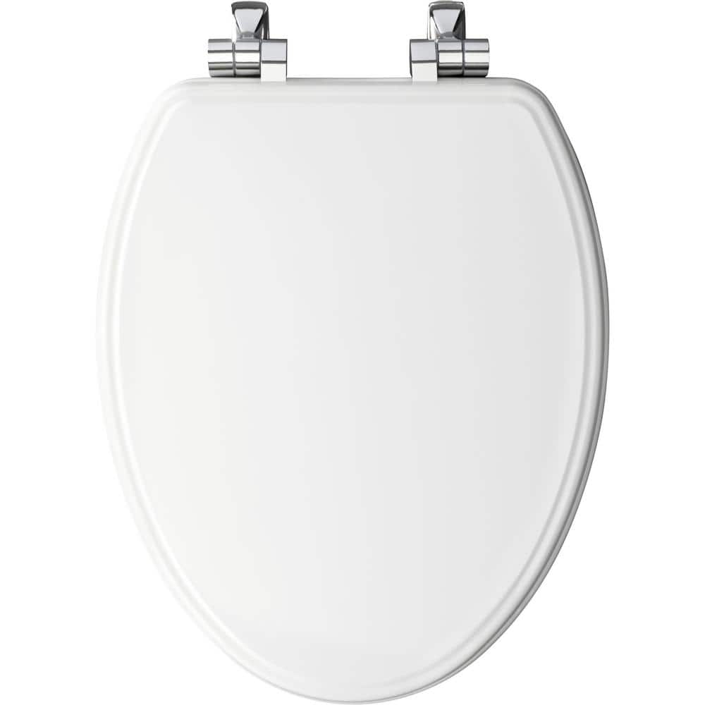 BEMIS Weston Elongated Soft Close Enameled Wood Never Loosens Chrome Metal Hinge Toilet Seat in White (4)