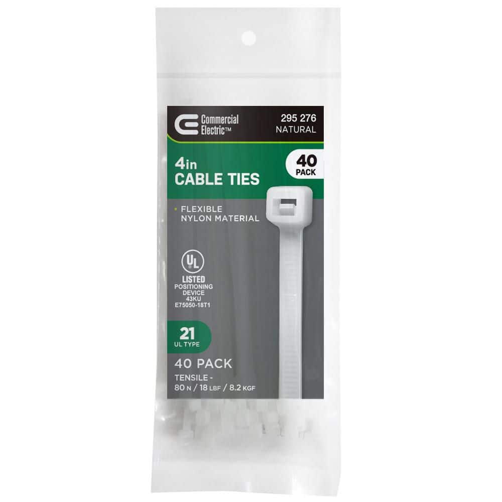 Commercial Electric 4in Miniature Standard UL 21 Rated Cable Zip Ties 40 Pack Natural (White)