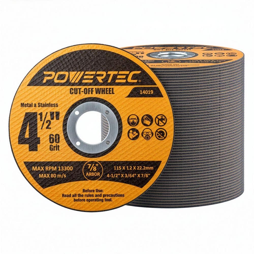 ‎POWERTEC 4-1/2 in. Metal Cut Off Wheels, 50-Pack, Iridium-Coated Aluminum Oxide 60 Grit, 1/16 in. Thick with 7/8 in. Arbor (1)