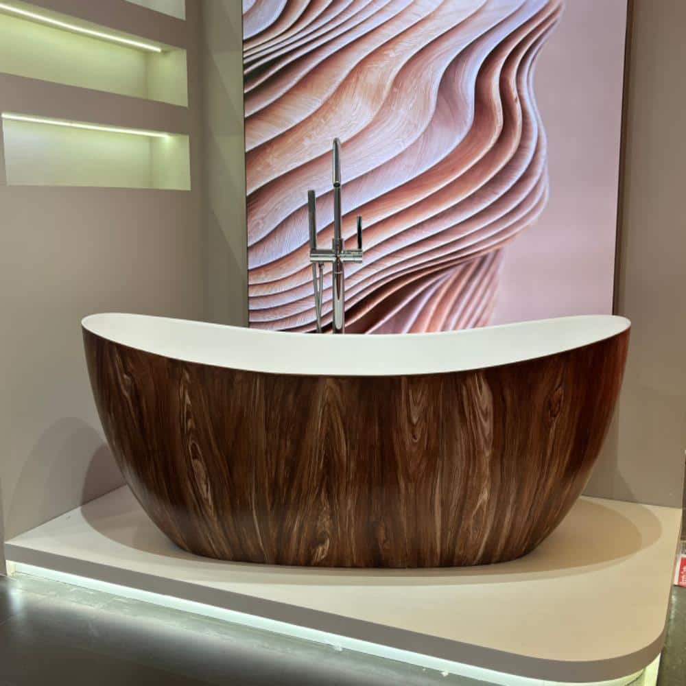 GIVING TREE 67 in. x 29.47 in. Solid Surface Double Slipper Soaking Bathtub with Center Drain in Brown Wood Grain Finish (2)
