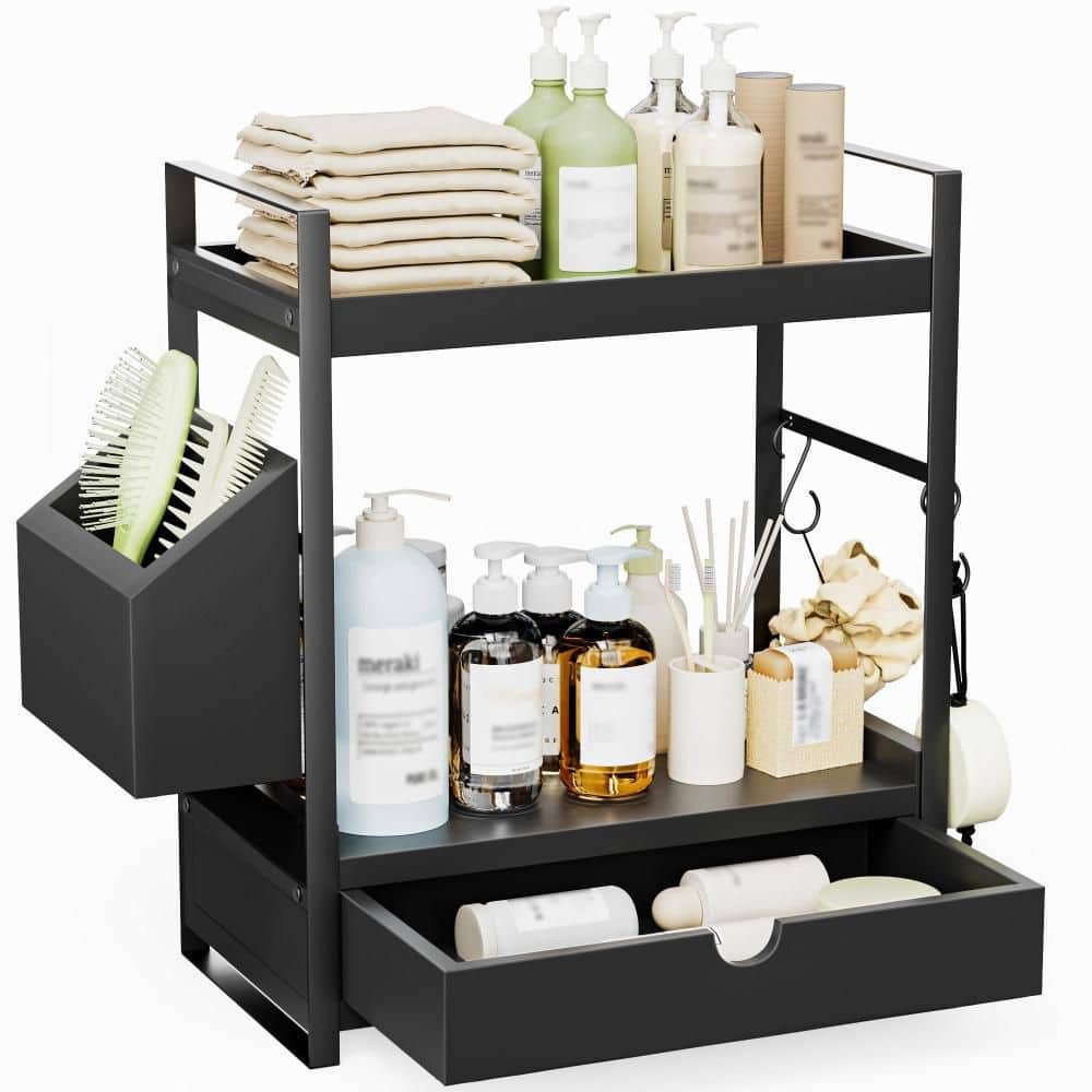 Numhew 2-Tier Wooden Bathroom Counter Organizer with Drawer and Basket for Skincare Storage, Vanity Organization, Black
