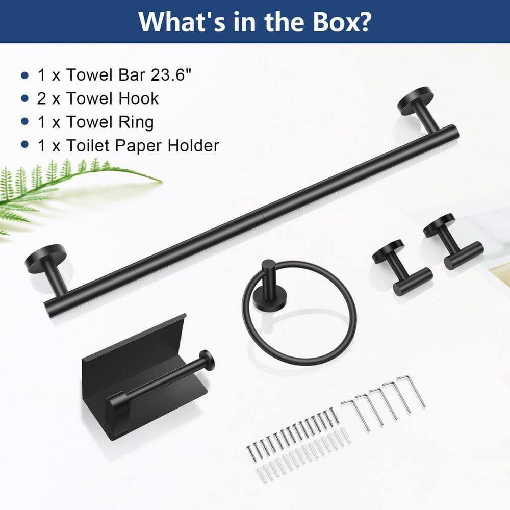 Anqtovp 5-Piece Bathroom Hardware Set with Towel Bar, Towel Ring, Toilet Paper Holder, Hooks in Matte Black Finish (2)