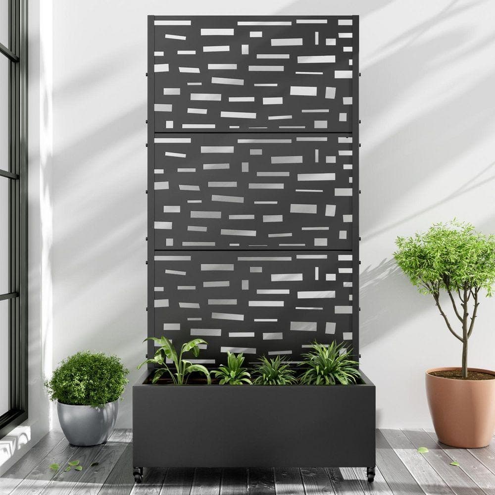 Lirago 72 in. H x 35 in. W Rectanglar Black Outdoor Metal Privacy Screen Planter Box Wall Decor in Boulevard Pattern (3)