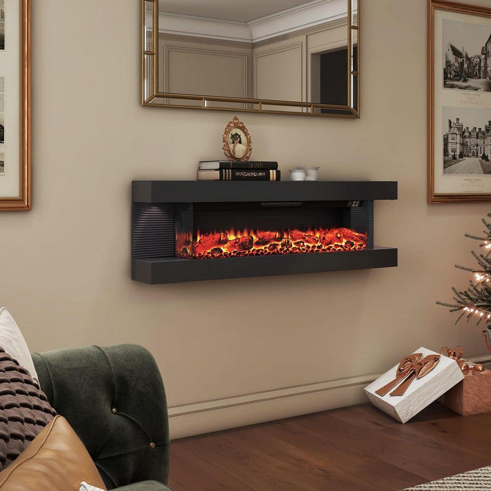 Mondawe 3-Sided 50 in. Wall Mount Electric Fireplace with 12 Flame Color, LED Side Light and Remote Control in Black (2)