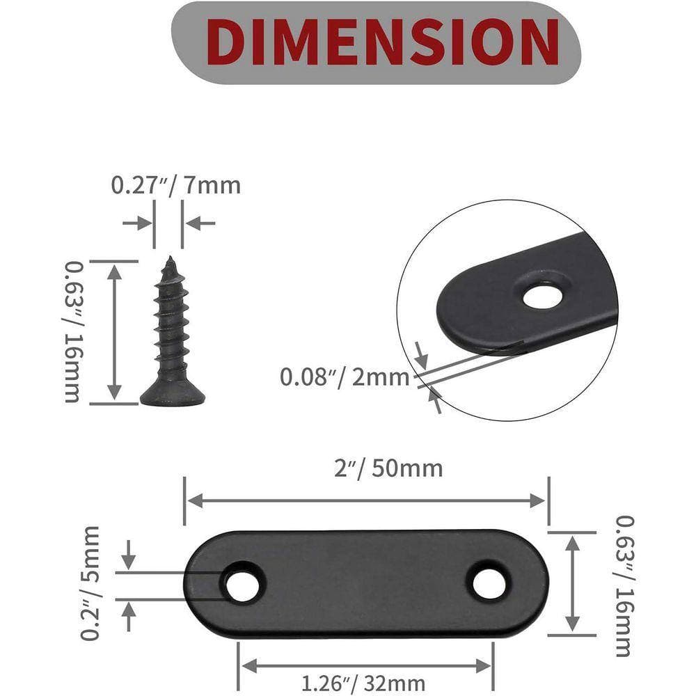 KIWDZFU 2x0. 6 12-Gauge Stainless Steel Straight Brace Mending Joining Plates Matte Black 12-Pack (3)