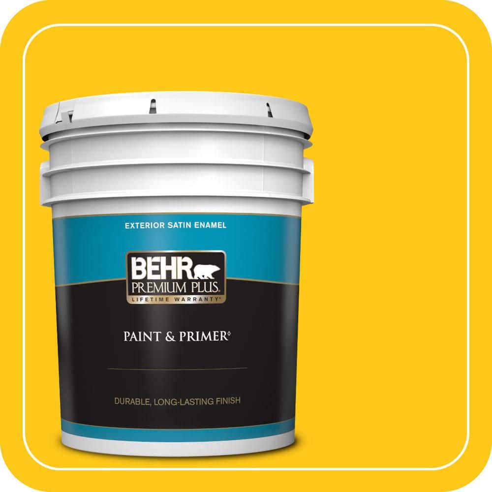 BEHR PREMIUM PLUS 5 gal. #P300-7 Unmellow Yellow Satin Enamel Exterior Paint & Primer