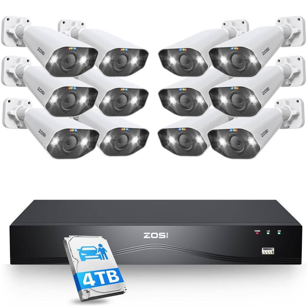 ZOSI 4K UHD 16-Channel(32CH Expandable) 4TB POE NVR Home Security System with 12 Wired 8MP Outdoor Spotlight Cameras (1)