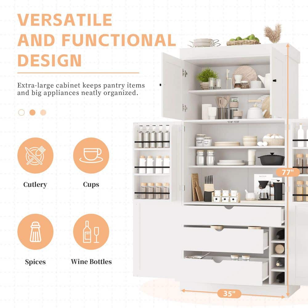 COWLOWN 35 in. W 17.7 in. D 77 in. H Linen Cabinet Kitchen Pantry with Adjustable Shelves, Door Shelves, Drawers (4)