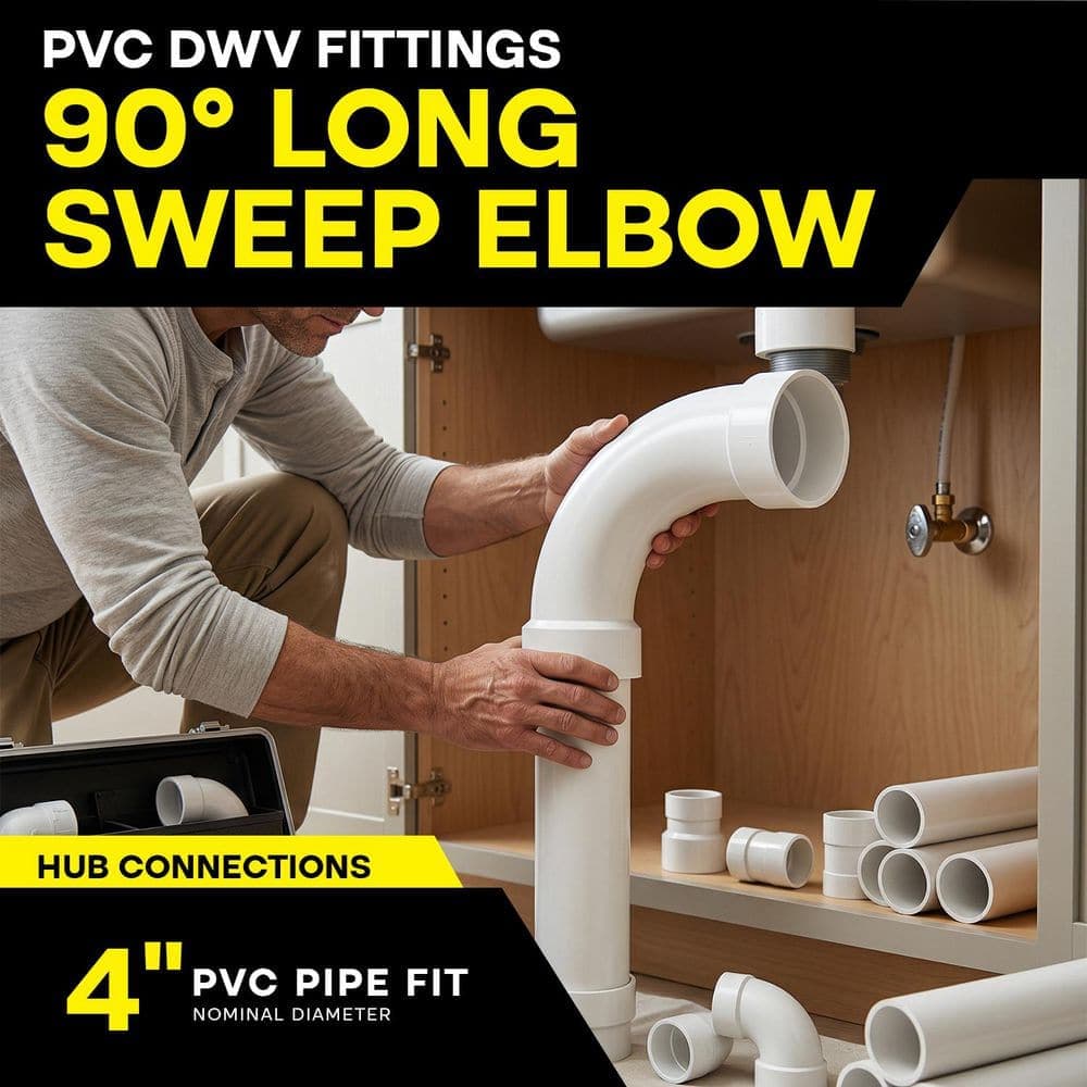 PLUMBFLEX 4 in. Rigid PVC DWV Long Sweep 1/4 Bend 90° Elbow, Hub x Hub Plumbing Fitting for Drain, Waste & Vent Systems, (5 Pack) (2)