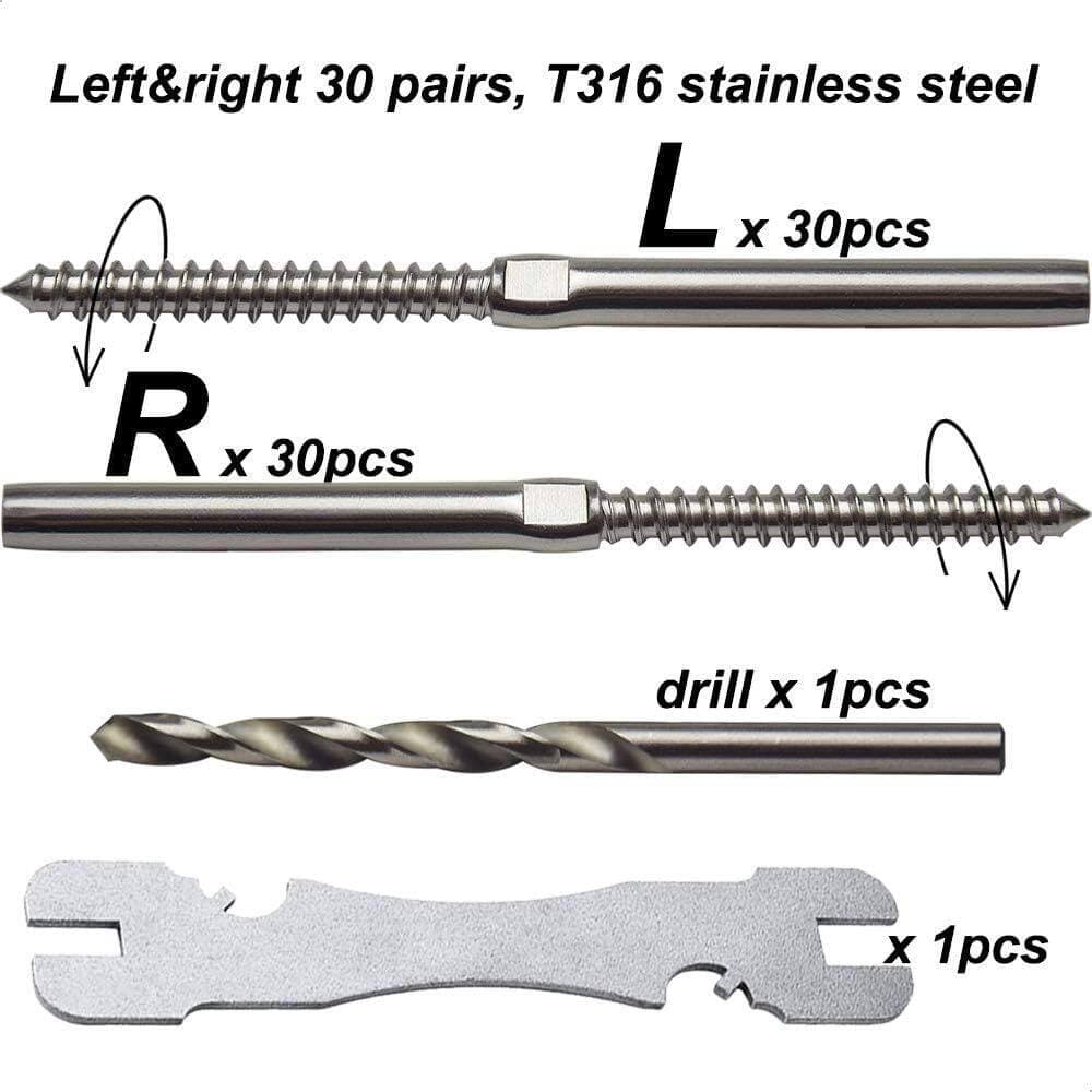 Afoxsos Stainless Steel Cable Railing Hardware System Kit for Wood Posts Swage Lag Screws Left & Right Thread 30 Pairs (3)