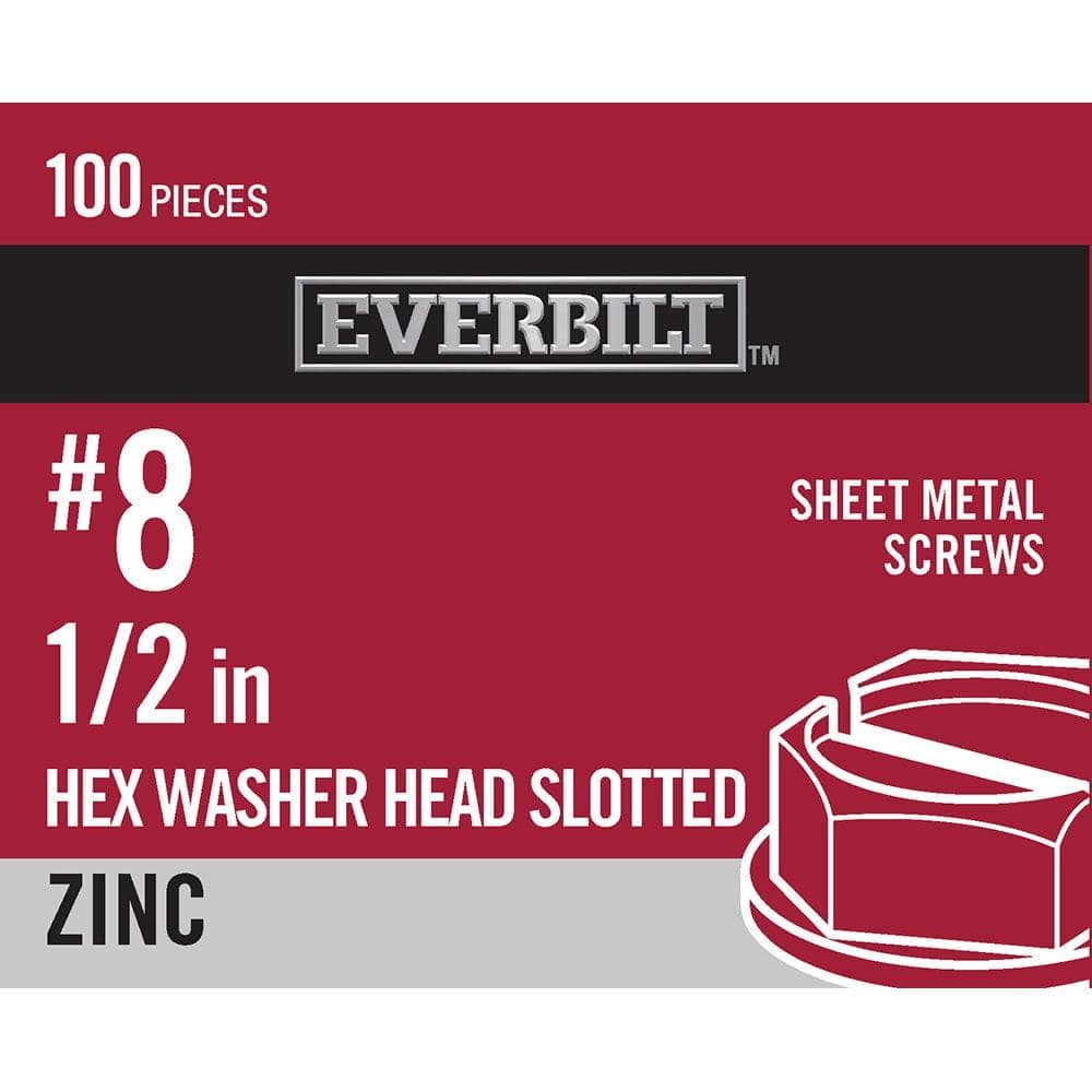 Everbilt #8 x 1/2 in. Slotted Hex Head Zinc Plated Sheet Metal Screw (100-Pack) (1)