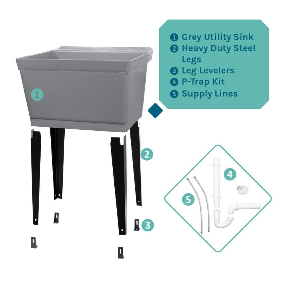 TEHILA 22.875 in. x 23.5 in. Grey 19 gal. Thermoplastic Utility Sink Kit with Black Metal Legs, P-Trap and Supply Lines (2)