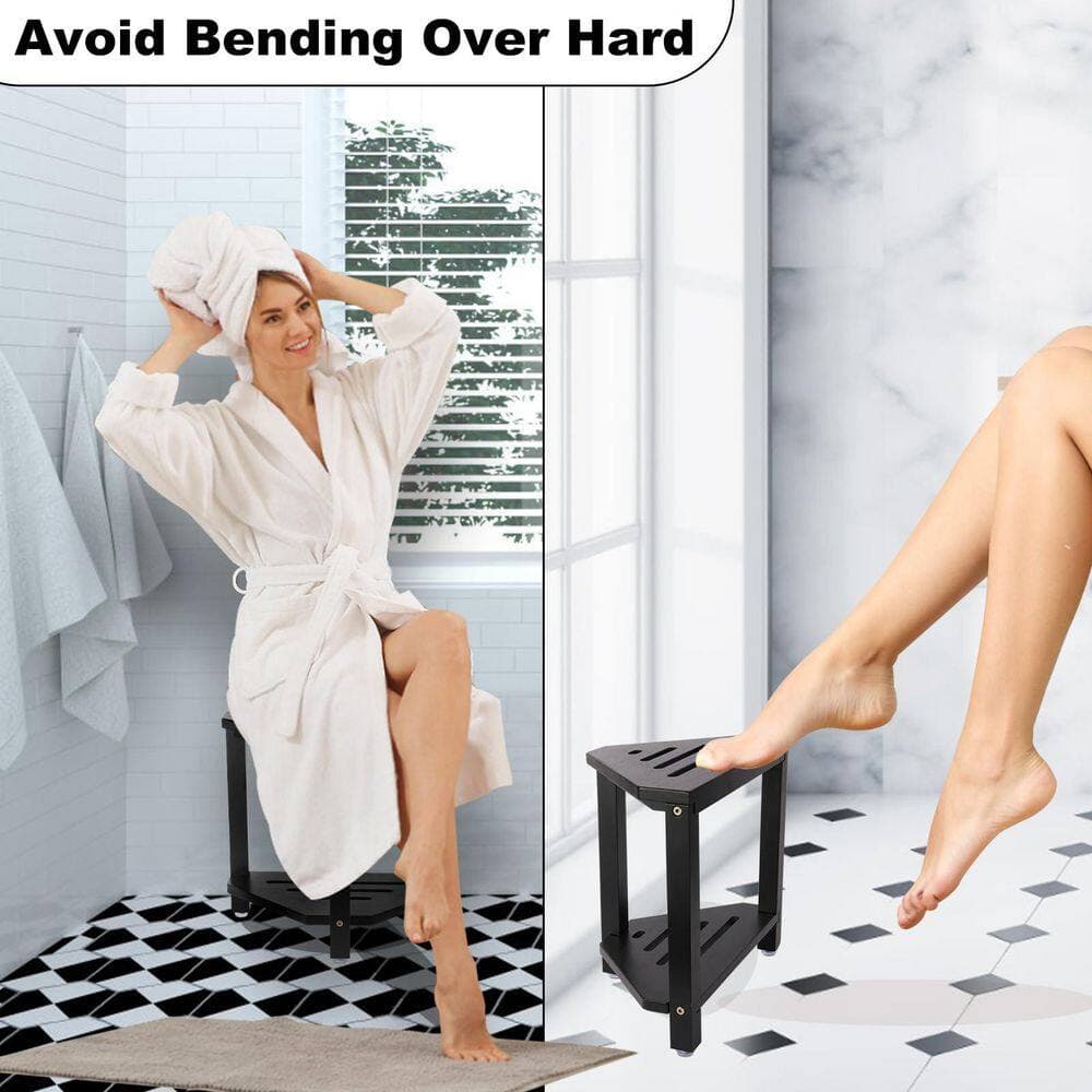 Wudkey Acacia Wood Corner Shower Stool with Storage Shelf in Black, Shelf Shower Foot Rest for Shaving Legs (3)