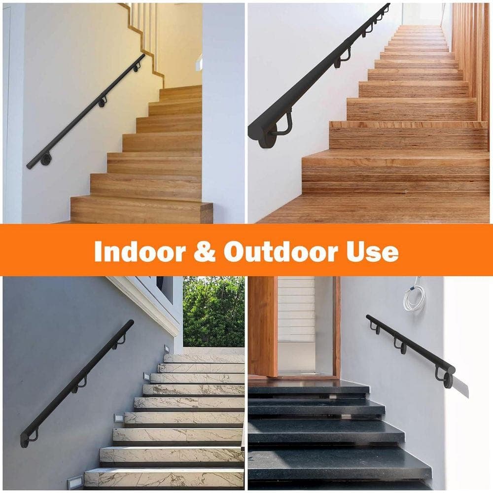 Unbranded 12ft Metal Stair Handrail Matte Black Indoor Outdoor Round Pipe Wall Mount Railing 440lbs Load Capacity (2)
