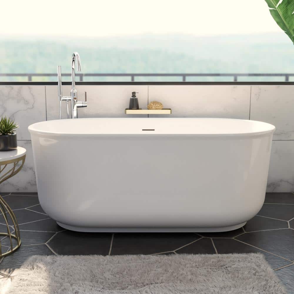 DreamLine Alliance Pro 59 in. x 31.5 in. Acrylic Freestanding Soaking Bathtub in White with Center Drain in Brushed Brass (1)