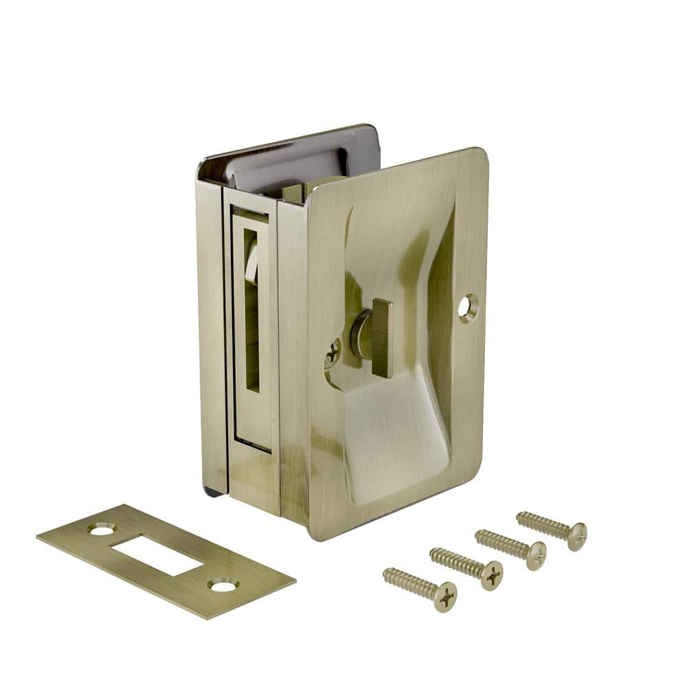 Onward 3-1/4 in. (82 mm) Antique Brass Pocket Door Pull with Privacy Lock