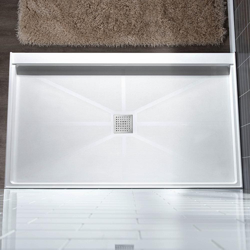 WOODBRIDGE Krasik 60 in. L 36 in. W Alcove Solid Surface Shower Pan Base with Drain White with Brushed Nickel Cover (4)