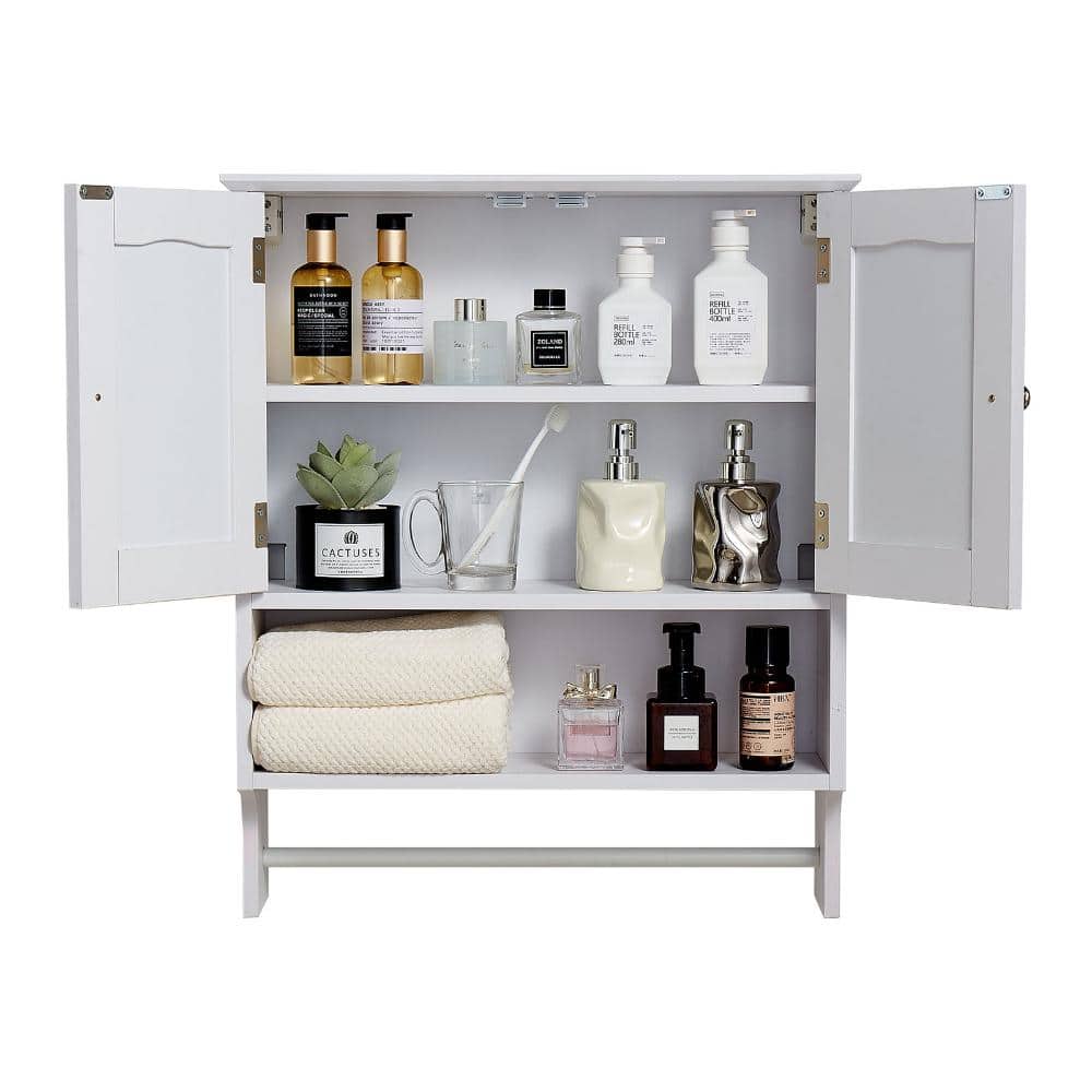 HONGGE White Bathroom Wall Cabinet, 2 Doors with Shelf, Open Partition and Towel Bar, Over-the-Toilet Storage Organizer