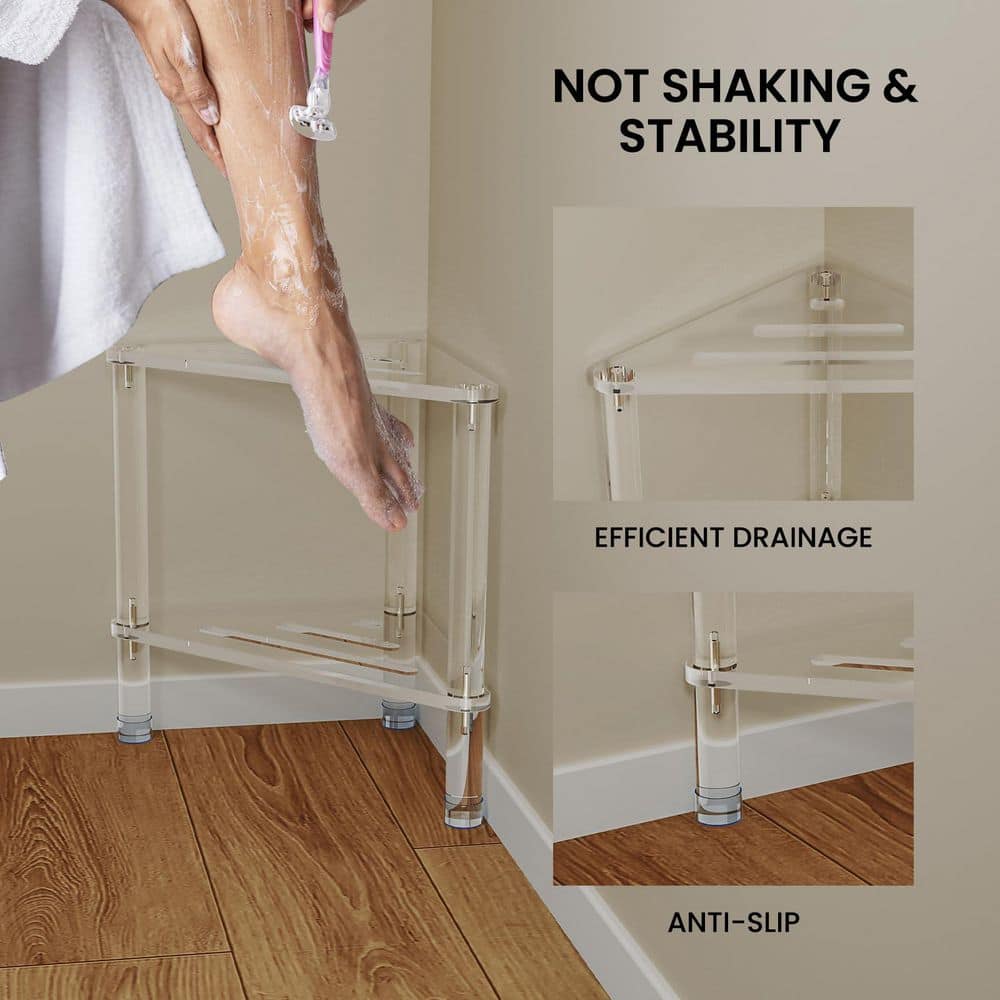 Wudkey 11.42 in. Waterproof Acrylic Corner Shower Stool in Clear for Shaving Legs, Triangle Shower Foot Rest with Storage Shelf (3)