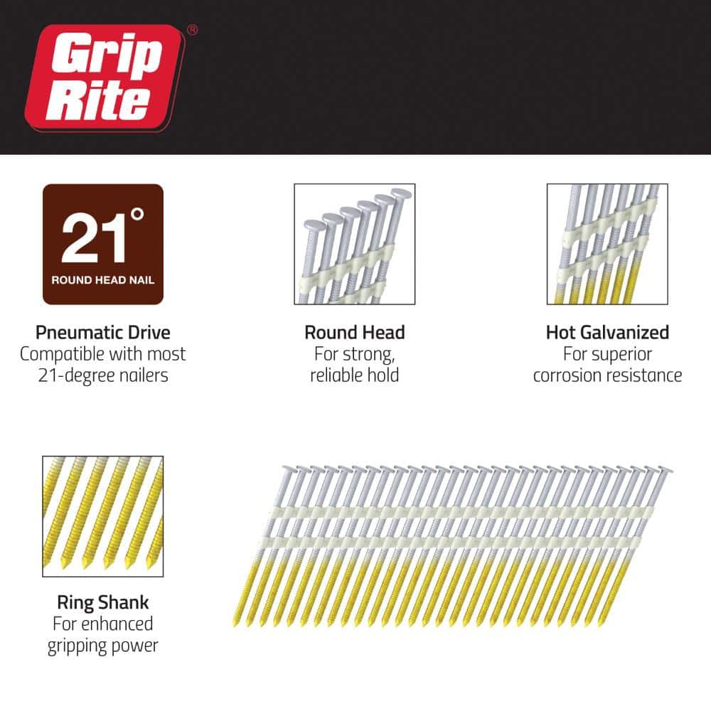 Grip-Rite . 0.113 in. 21° Plastic Collated Exterior Galvanized Ring Shank Round Head Framing Nails per Box (4)