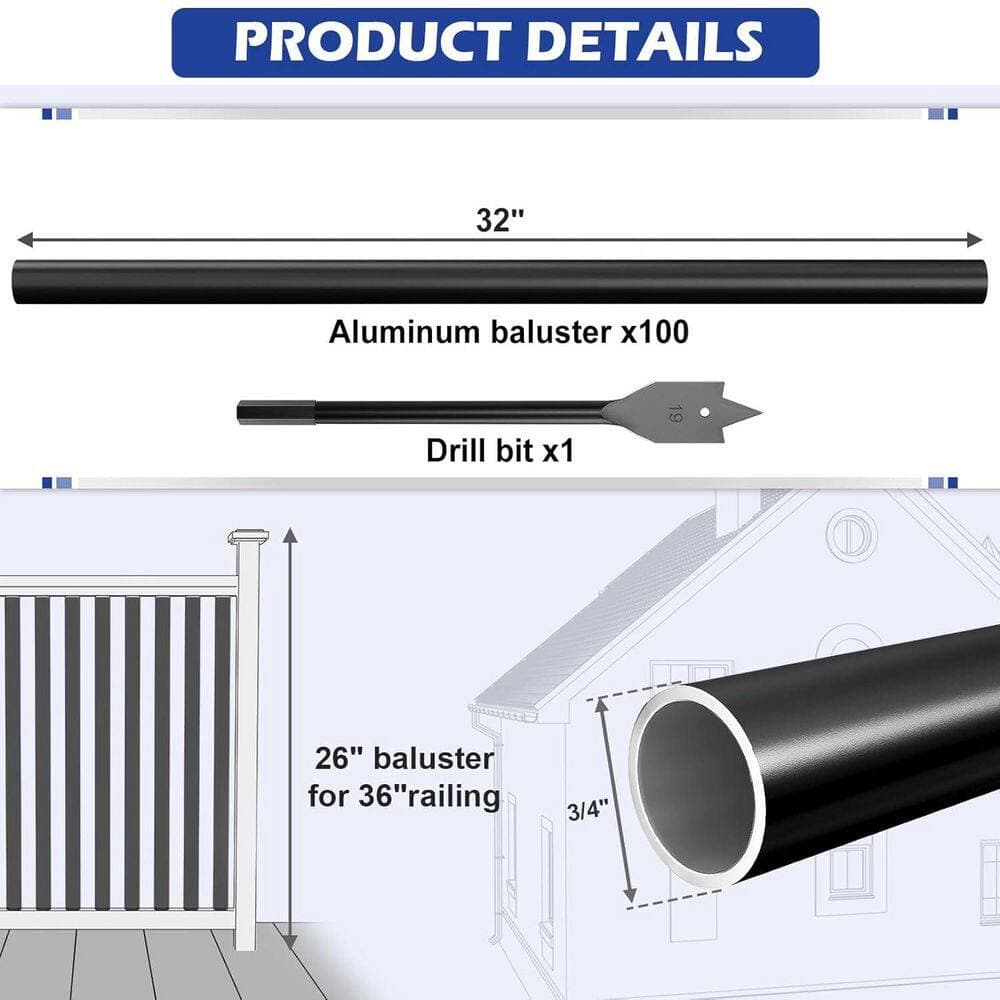 Afoxsos 32 in. H x 3/4 in. W Black Aluminum Stair Railing Kit Deck Balusters Outdoor Round Spindles 100-Pack (2)