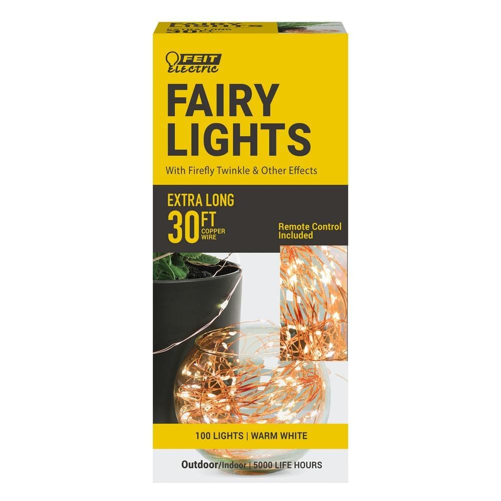 Feit Electric 100 Light 30 ft. Indoor/Outdoor Battery Operated Integrated LED Copper Wire Warm White Fairy String Light w/ Remote (2)