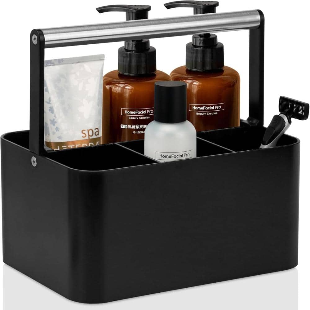 Whatseaso Plastic Bathroom Caddy Organizer and Adjustable Dividers in Black and Silver Handle (2)