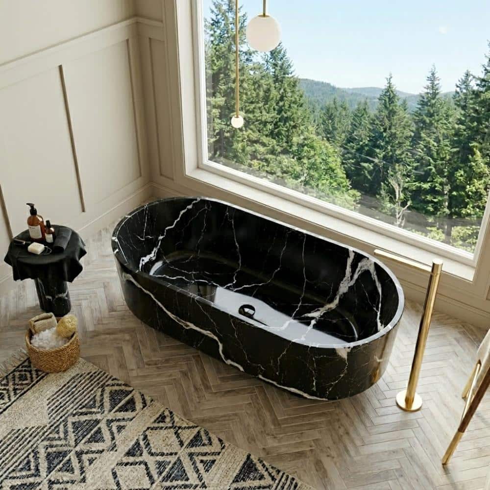 POCCI&VANCCI 67 in. Freestanding Solid Surface Oval Soaking Bathtub in Glossy Black Marble Pattern with White Veining (2)