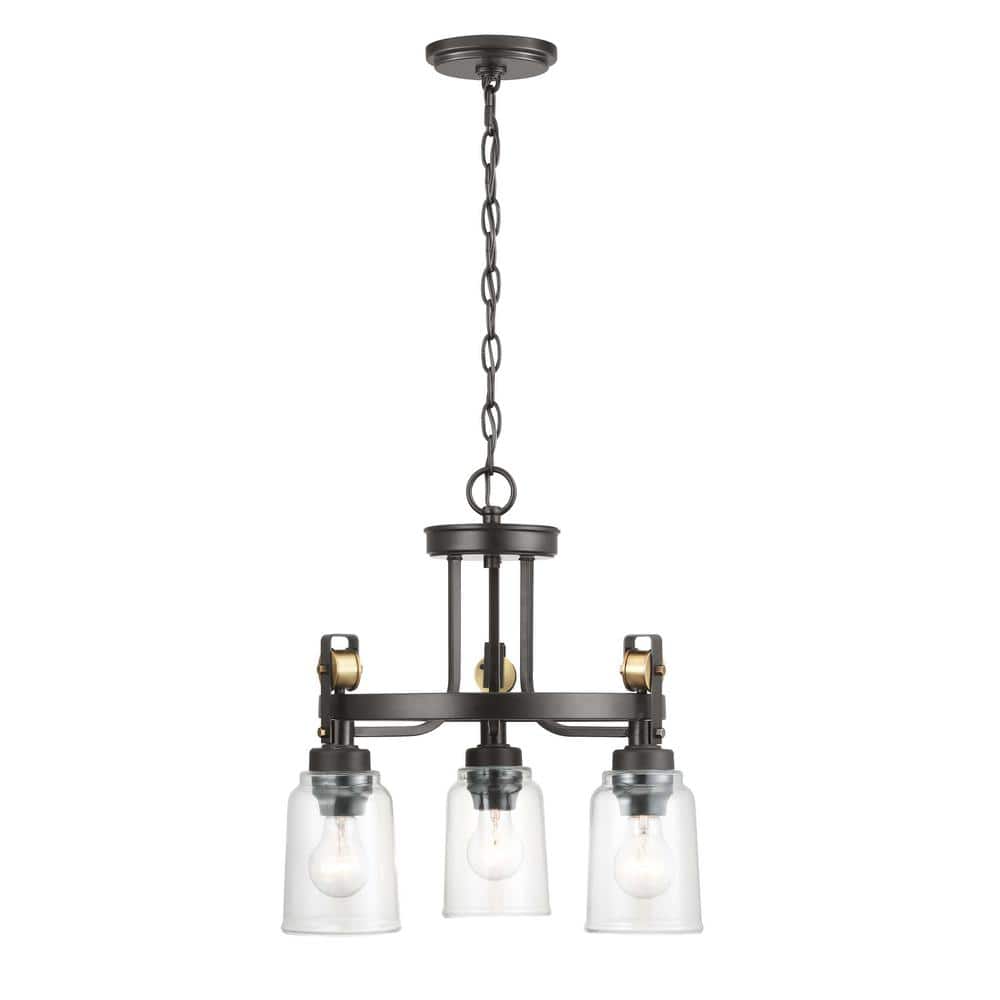 Home Decorators Collection Knollwood 17-1/2 in. 3-Light Black Bronze with Brass Accents Industrial Round Chandelier for Kitchens Bulbs Included (3)
