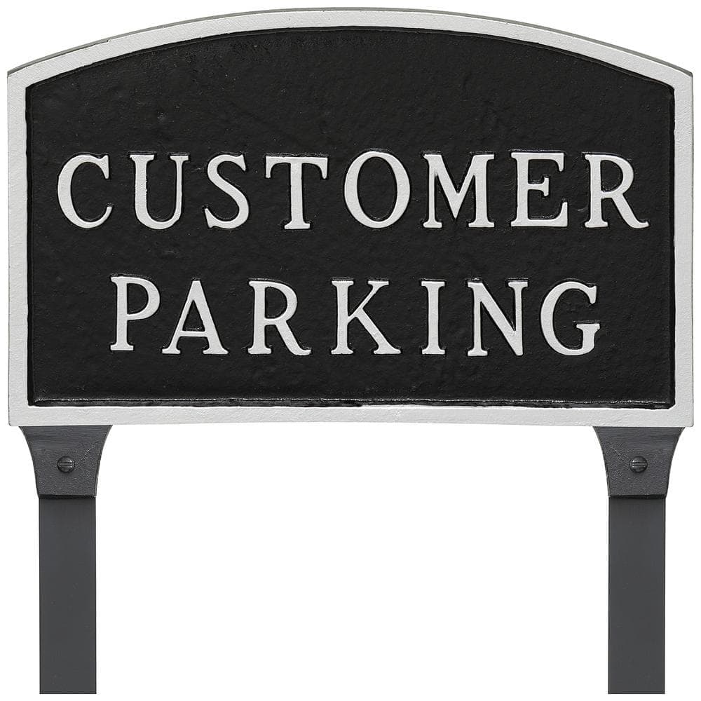 Montague Metal Products 13 in. x 21 in. Large Arch Customer Parking Statement Plaque Sign with 23 in. Lawn Stakes - Black/Silver (1)