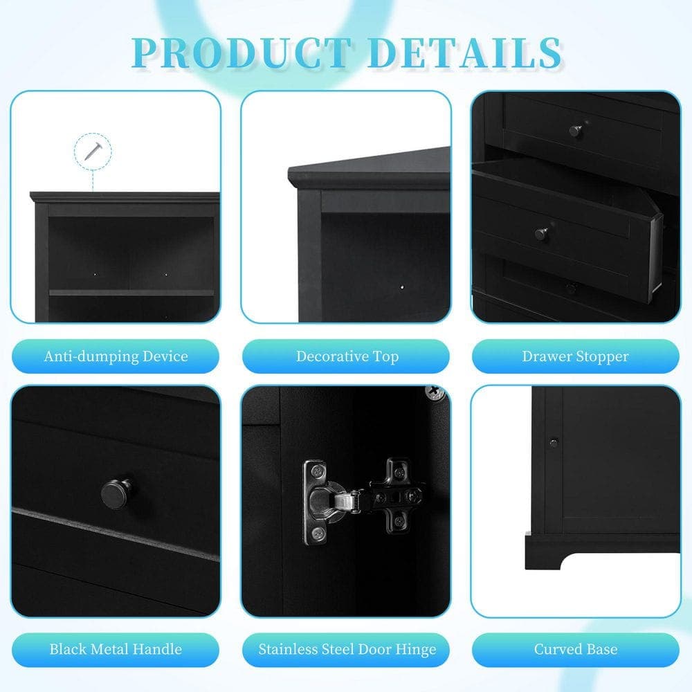 MYCASS 23 in. W x 13.4 in. D x 69 in. H Black MDF Corner Freestanding Linen Cabinet with Adjustable Shelves and 3 Drawers (3)