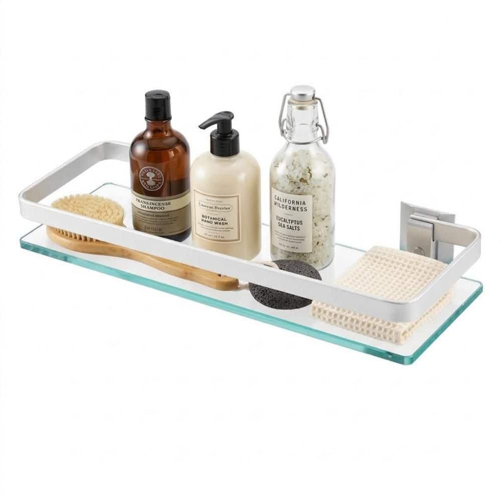 KES 14 in. W x 2 in. H x 5 in. D Bathroom Aluminum Rectangular Tempered Glass Shelf in Silver (1)