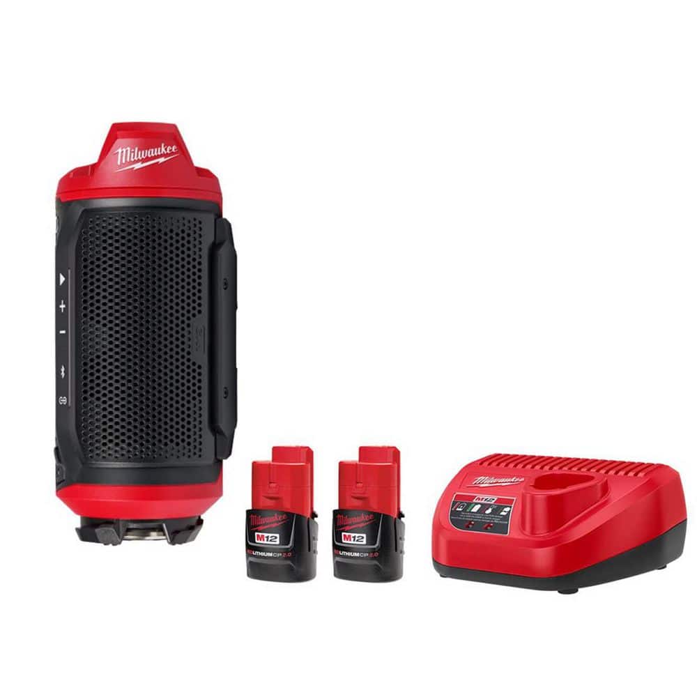 Milwaukee M12 12-Volt Lithium-Ion Cordless Bluetooth Jobsite Speaker with PACKOUT Compatibility with (2)2.0 Ah Batteries & Charger
