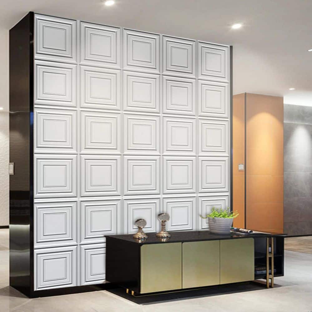 Dundee Deco Falkirk Ross 2/25 in. x 19.7 in. x 19.7 in. White PVC Square 3D Decorative Wall Panel 10-Pack (2)