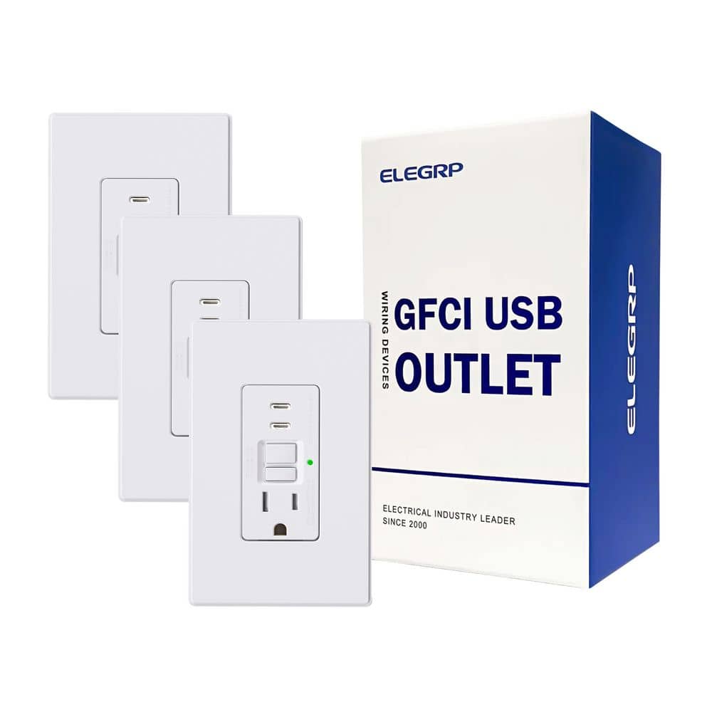 ELEGRP 15 Amp Tamper Resistant Self-Test GFCI Outlet and 24-W In-Wall USB Charger combo Receptacle, Dual Type C, White (3-Pack) (1)