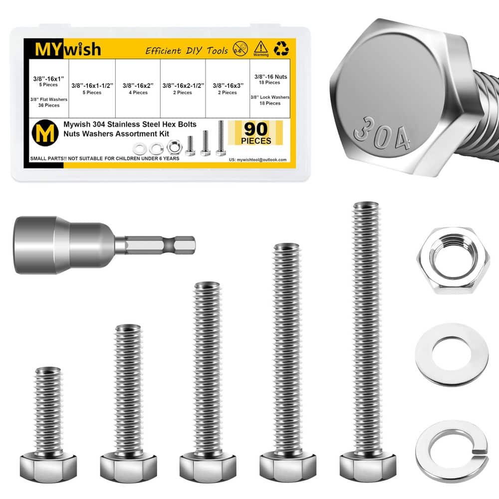 MYWISH 90-Piece 3/8 in. -16 Hex Head Bolt, Nut, and Washer Assortment Kit, Heavy-Duty 304-Stainless Steel