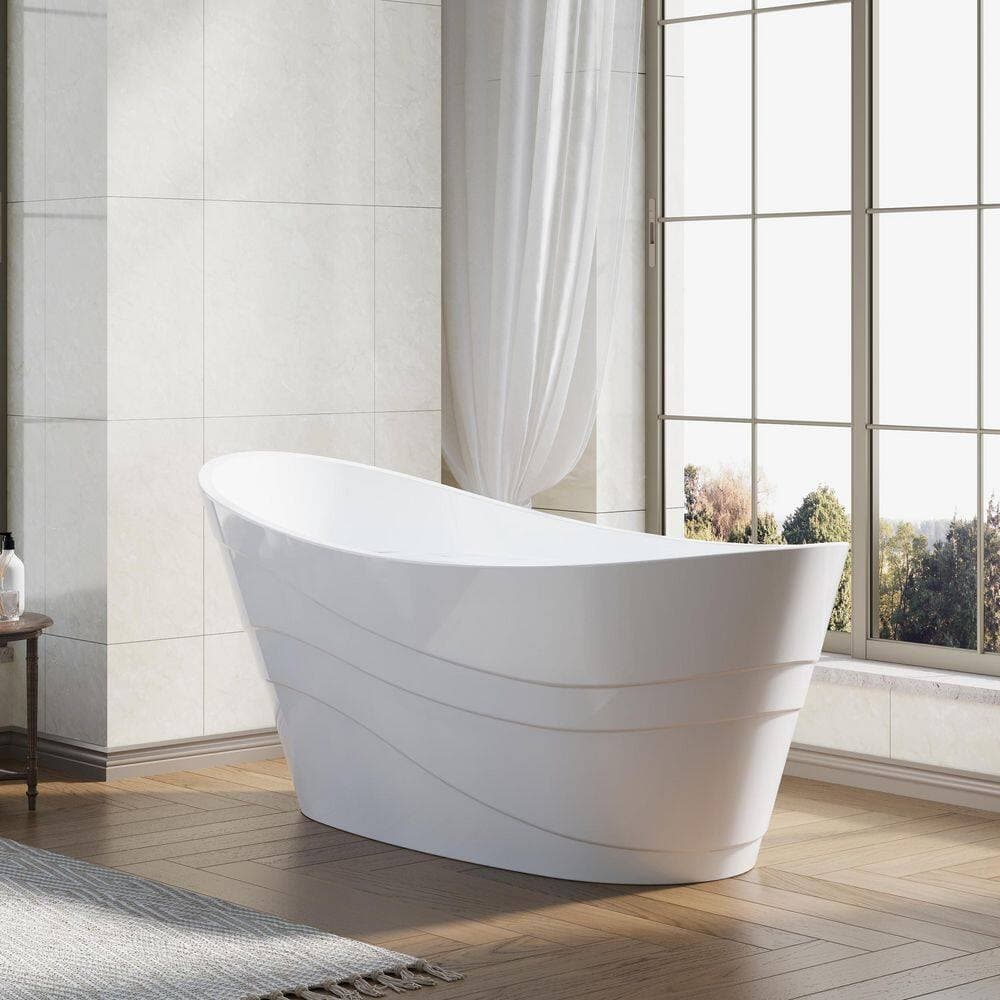 FORCLOVER Trace 67 in. x 29.33 in. Acrylic Flat Bottom Oval Soaking Bathtub with Bathtub Drain Curve in Glossy White (2)